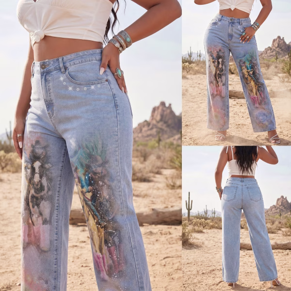 "Dreamy Cowgirl" Rhinestone & Floral Wide-Leg Printed Denim Jeans collection product photo