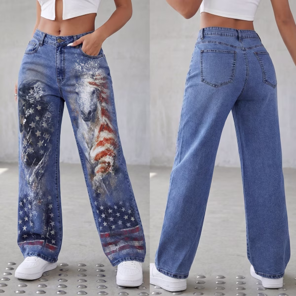"Dreamy Cowgirl" Rhinestone & Floral Wide-Leg Printed Denim Jeans collection product photo
