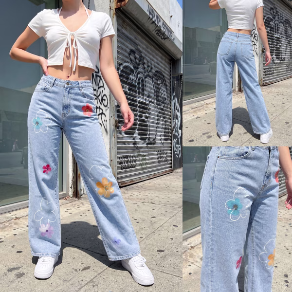 "Daydream Doodle" Hand-Drawn Floral Wide-Leg Printed Jeans collection product photo