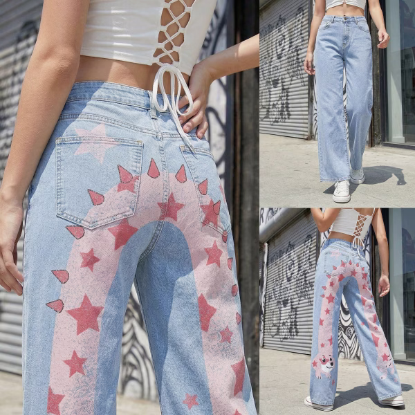 "Starry Slinky Dog" U-Shaped Back Printed Wide-Leg Jeans collection product photo