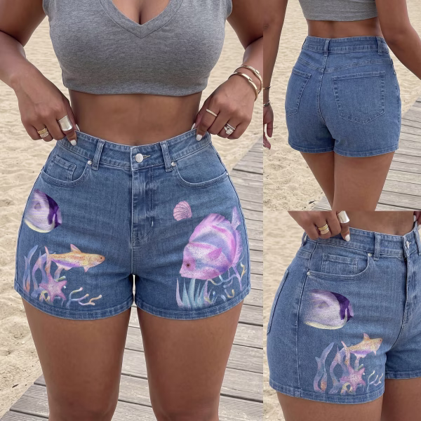 "Mermaidcore" Watercolor Tropical Fish Printed Denim Shorts collection product photo