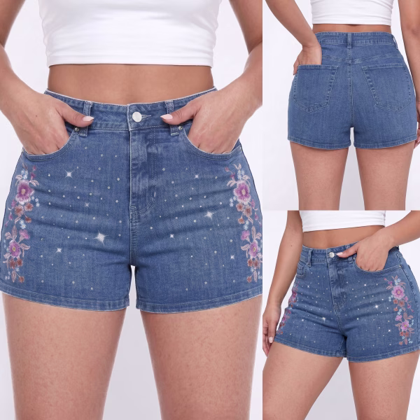 "Fairy Sparkle" Floral & Rhinestone Printed Denim Shorts collection product photo