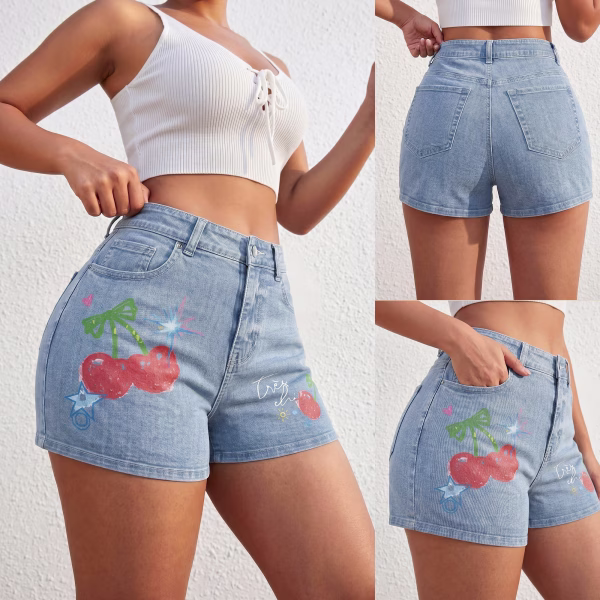 "Très Chic" Hand-Drawn Cherry Printed Denim Shorts collection product photo