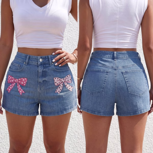 "Polka Dot Coquette" Asymmetrical Bow Printed Denim Shorts collection product photo