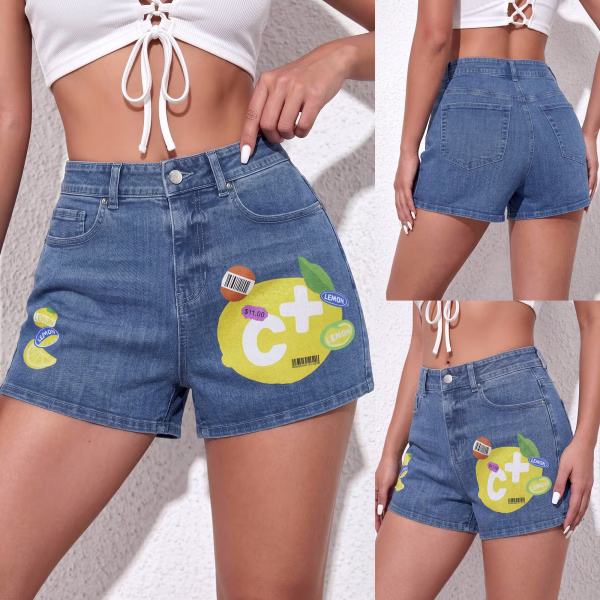 "Vitamin C+" Lemon Sticker Pop-Art Denim Shorts collection product photo