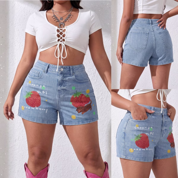 "Strange Strawberry" Dachshund & Fruit Printed Denim Shorts collection product photo
