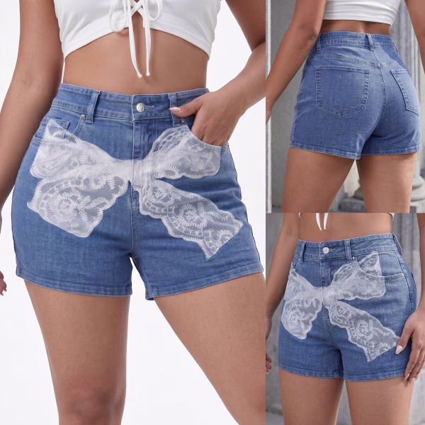 "Lace Illusion" Oversized Bow Printed Denim Shorts collection product photo