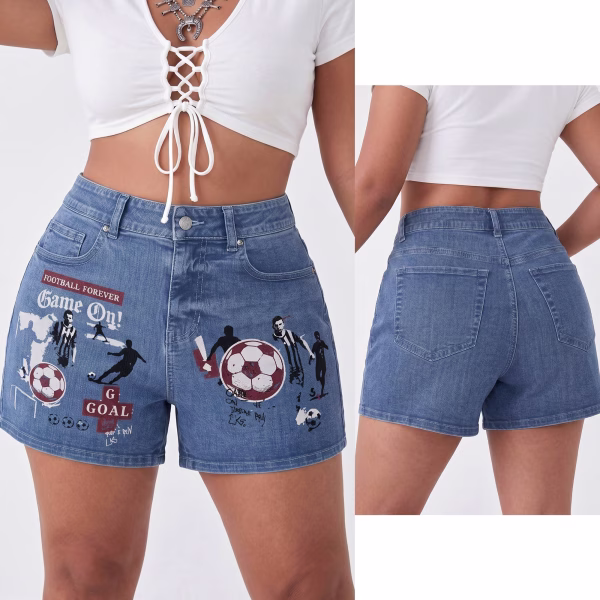 "Game On" Vintage Soccer Graphic Blokecore Denim Shorts collection product photo