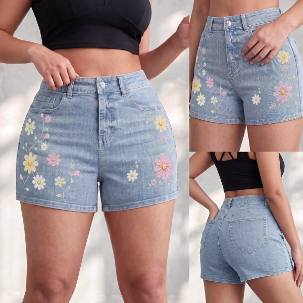 Floral Vine Printed Denim Shorts collection product photo