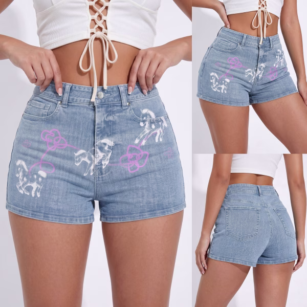 "Pixel Pony & Pink Doodle" Printed Denim Shorts collection product photo