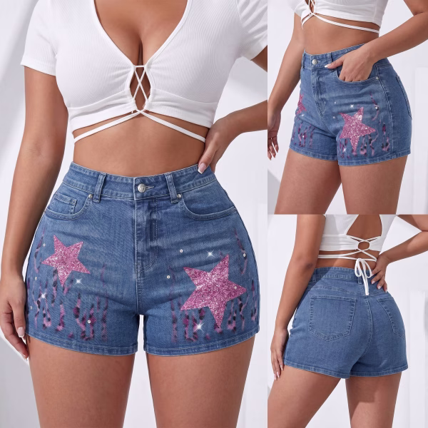"Glitter Star & Tribal Flame" Printed Denim Shorts collection product photo