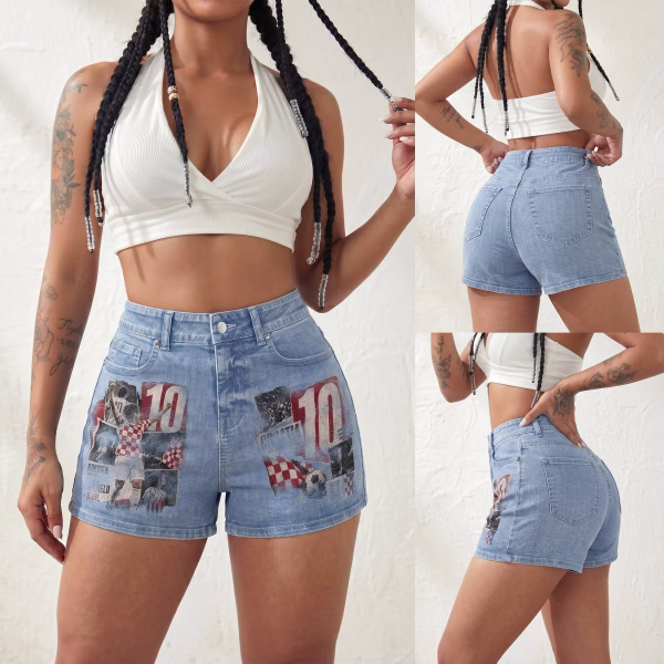 "Croatia No. 10" Vintage Soccer Collage Denim Shorts collection product photo