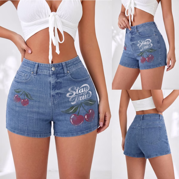 "Stay True" Vintage Cherry Printed Denim Shorts collection product photo