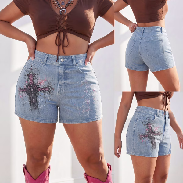 "Gothic Leopard Cross" Asymmetrical Denim Shorts collection product photo