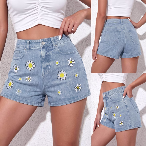 "Smiley Daisy" Scattered Floral Print Denim Shorts collection product photo