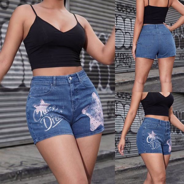 "Dream Chaser" Pastel Star & Slogan Printed Denim Shorts collection product photo