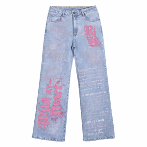 "Wild At Heart" Gothic Script & Text Printed Wide-Leg Denim Jeans by JR JEANIUS WEAR