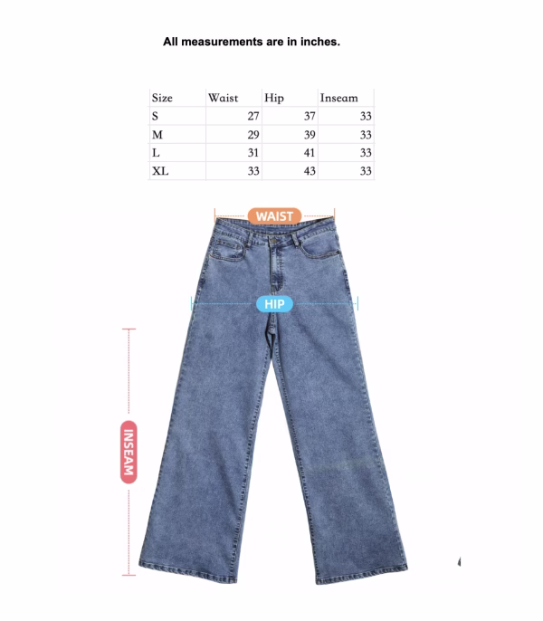 Size guide for "Coquette Cherry Bow" All-Over Printed Denim Jeans