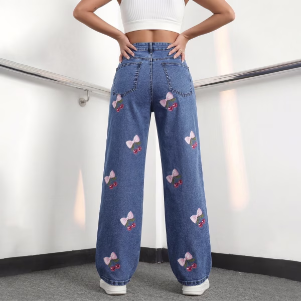 "Coquette Cherry Bow" All-Over Printed Denim Jeans collection product photo