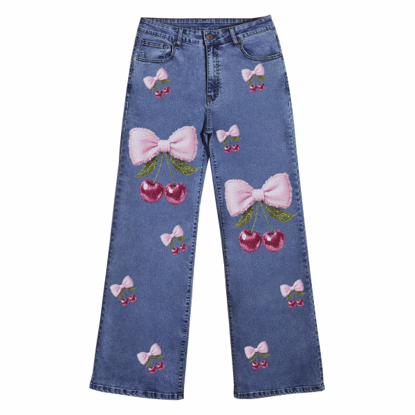 "Coquette Cherry Bow" All-Over Printed Denim Jeans collection product photo