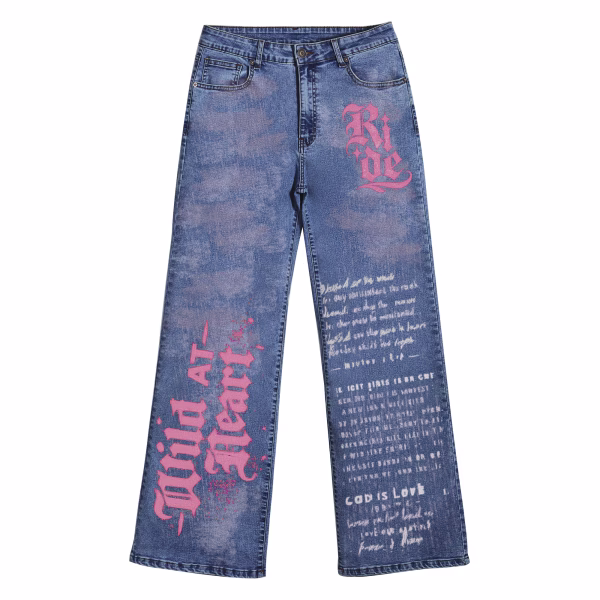 "Wild At Heart" Gothic Script & Text Printed Wide-Leg Denim Jeans collection product photo