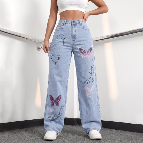 "Fairycore Dreams" Butterfly & Mystic Charms Wide-Leg Printed Denim Jeans collection product photo