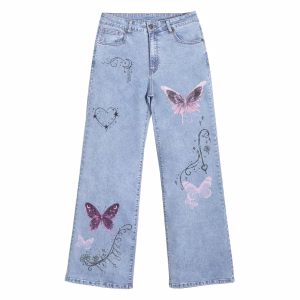 "Fairycore Dreams" Butterfly & Mystic Charms Wide-Leg Printed Denim Jeans by JR JEANIUS WEAR