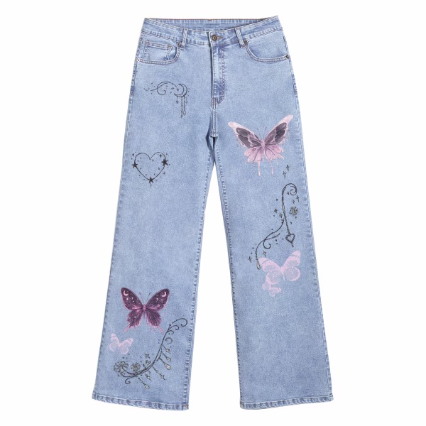 "Fairycore Dreams" Butterfly & Mystic Charms Wide-Leg Printed Denim Jeans by JR JEANIUS WEAR