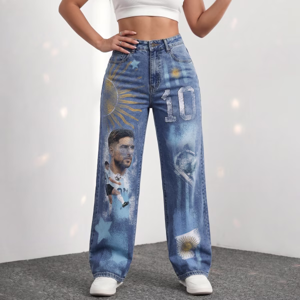 "Legend's Legacy" Argentina Soccer Tribute Wide-Leg Printed Denim Jeans collection product photo