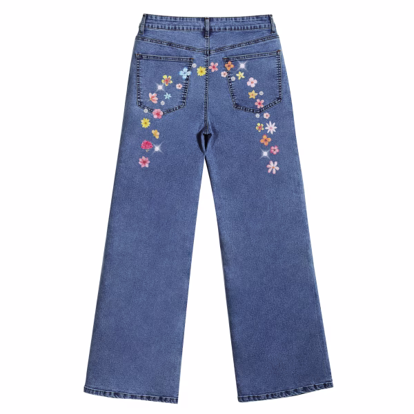 "Hidden Meadow" Floral Arch Wide-Leg Printed Denim Jeans collection product photo