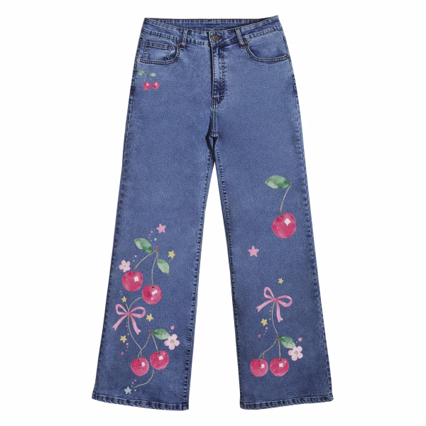 "Watercolor Cherry" Bow & Floral Wide-Leg Printed Denim Jeans collection product photo