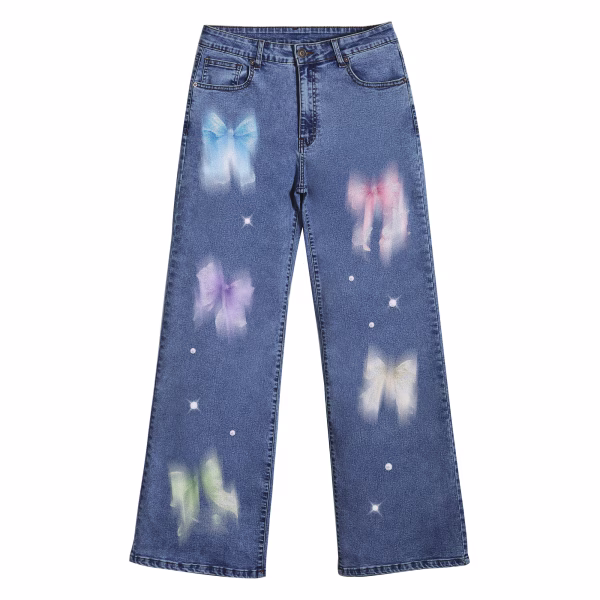 "Pastel Aura" Airbrushed Bows & Pearls Wide-Leg Jeans collection product photo