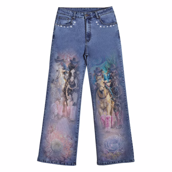 "Dreamy Cowgirl" Rhinestone & Floral Wide-Leg Printed Denim Jeans collection product photo