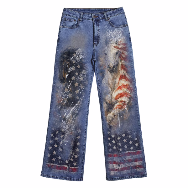 "Dreamy Cowgirl" Rhinestone & Floral Wide-Leg Printed Denim Jeans collection product photo