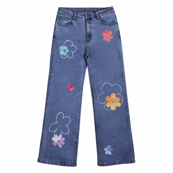 "Daydream Doodle" Hand-Drawn Floral Wide-Leg Printed Jeans collection product photo
