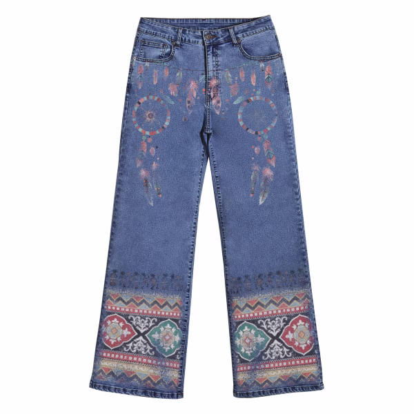 "Boho Dreamcatcher" Tribal Pattern Wide-Leg Printed Jeans collection product photo