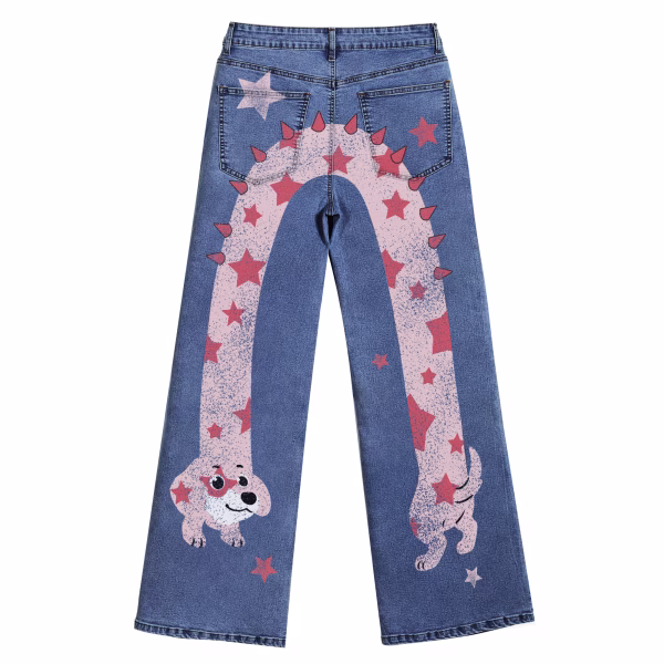 "Starry Slinky Dog" U-Shaped Back Printed Wide-Leg Jeans collection product photo