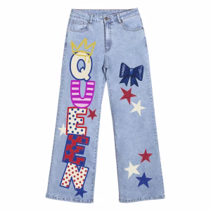 "Pop Art Queen" Graphic Typography Wide-Leg Jeans by JR JEANIUS WEAR