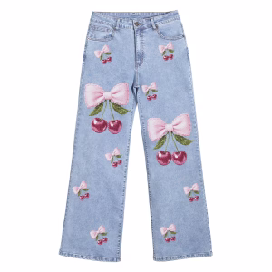 "Coquette Cherry Bow" All-Over Printed Denim Jeans by JR JEANIUS WEAR