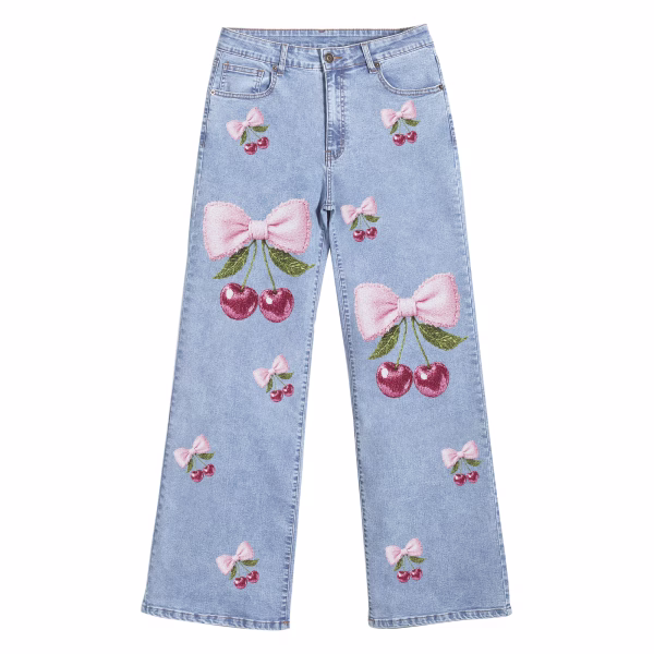 "Coquette Cherry Bow" All-Over Printed Denim Jeans by JR JEANIUS WEAR