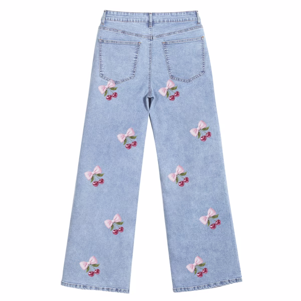 "Coquette Cherry Bow" All-Over Printed Denim Jeans collection product photo
