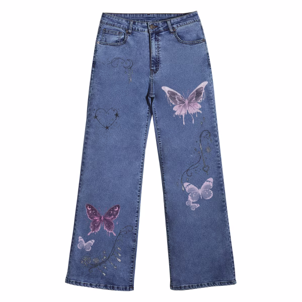 "Fairycore Dreams" Butterfly & Mystic Charms Wide-Leg Printed Denim Jeans collection product photo