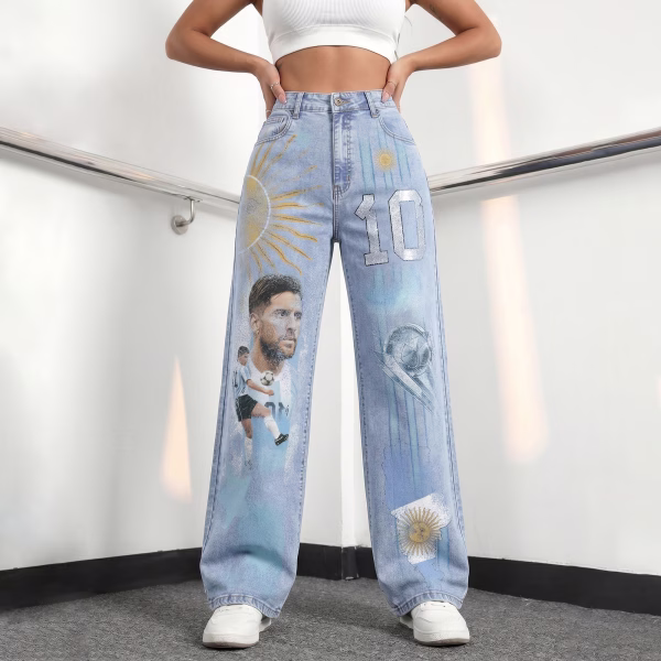 "Legend's Legacy" Argentina Soccer Tribute Wide-Leg Printed Denim Jeans collection product photo