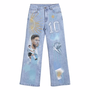 "Legend's Legacy" Argentina Soccer Tribute Wide-Leg Printed Denim Jeans by JR JEANIUS WEAR