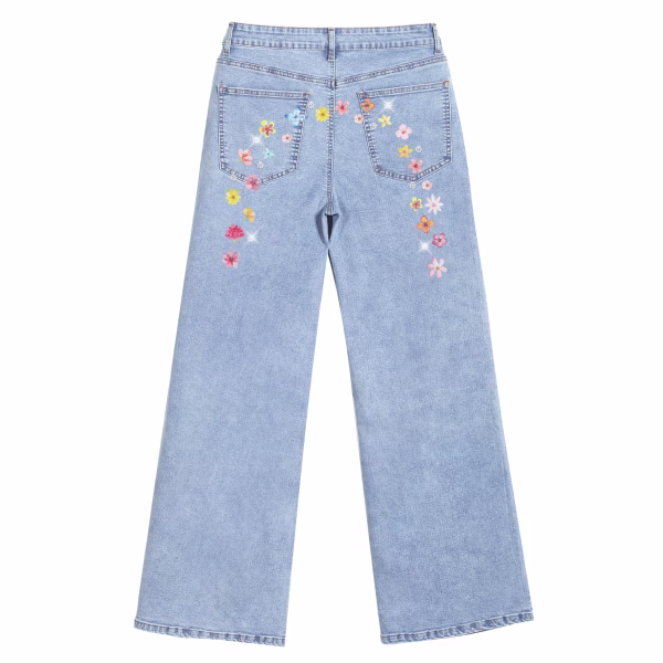 "Hidden Meadow" Floral Arch Wide-Leg Printed Denim Jeans by JR JEANIUS WEAR