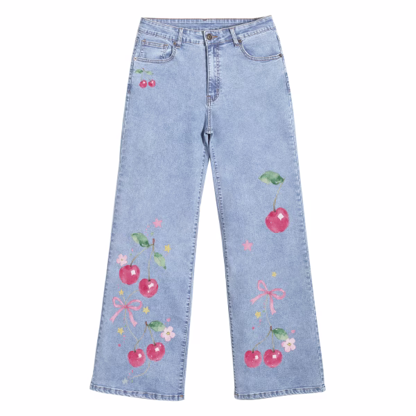 "Watercolor Cherry" Bow & Floral Wide-Leg Printed Denim Jeans by JR JEANIUS WEAR