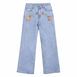 "Puppy Love" Floral Arch & Dog Wide-Leg Printed Denim Jeans by JR JEANIUS WEAR