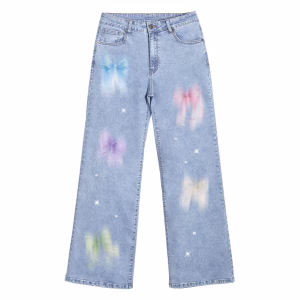 "Pastel Aura" Airbrushed Bows & Pearls Wide-Leg Jeans by JR JEANIUS WEAR