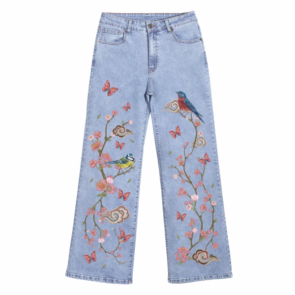"Oriental Spring" Blossom & Bluebird Wide-Leg Printed Denim Jeans by JR JEANIUS WEAR