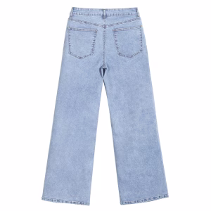 “Oriental Spring” Blossom & Bluebird Wide-Leg Printed Denim Jeans
